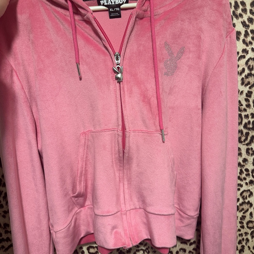 PLAYBOY Pink Velour Rhinestone Bunny Zip Hoodie